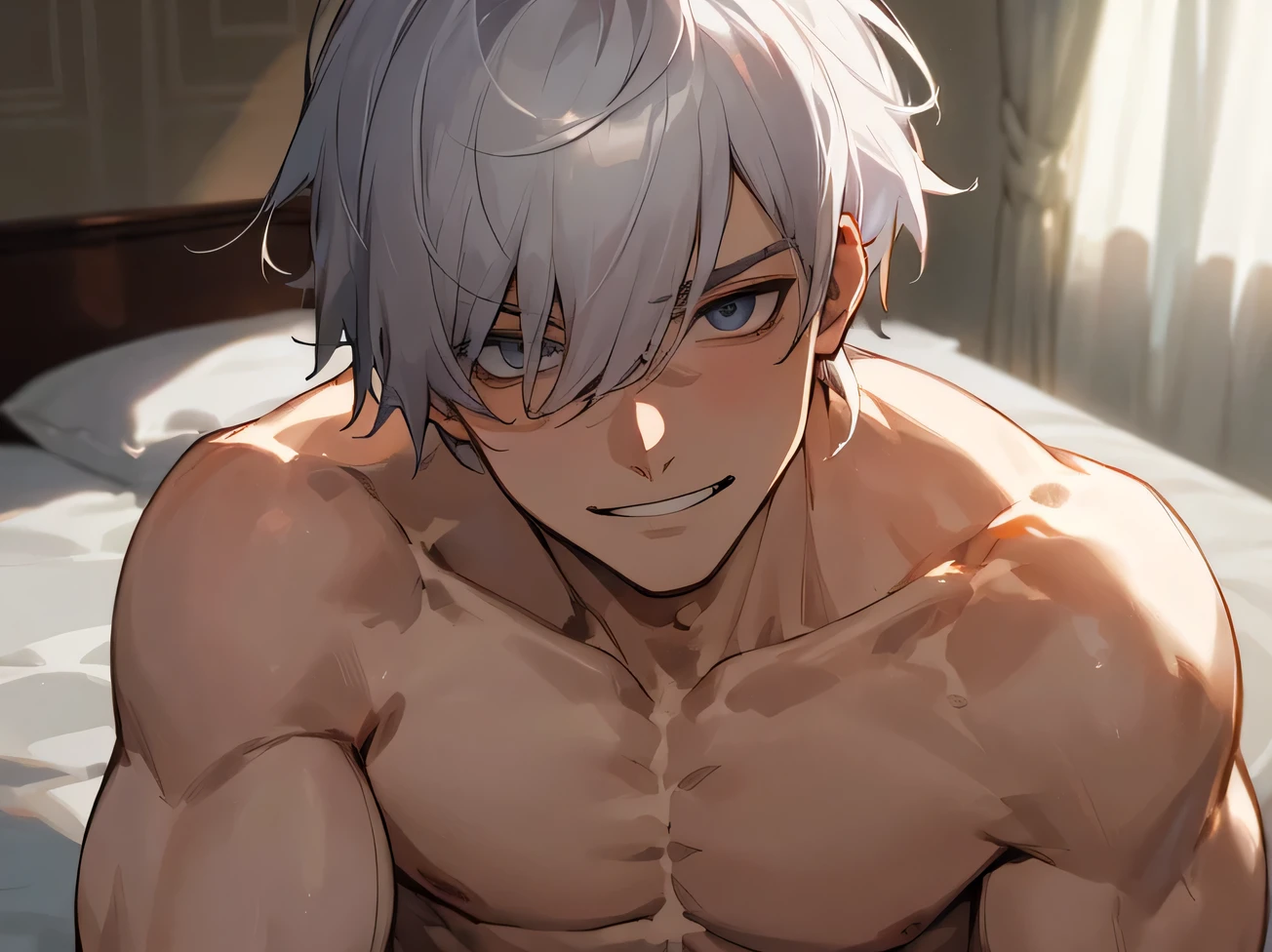 masterpiece,naked,aldult.,male,Handsome,Cool vibe,I,Silver-haired,mash,Gloomy mood(Masseter muscle area,Viewer Perspective,Upper Body,Face close-up,Horny,Wicked Smile,Yandere atmosphere light,Hotel room bed