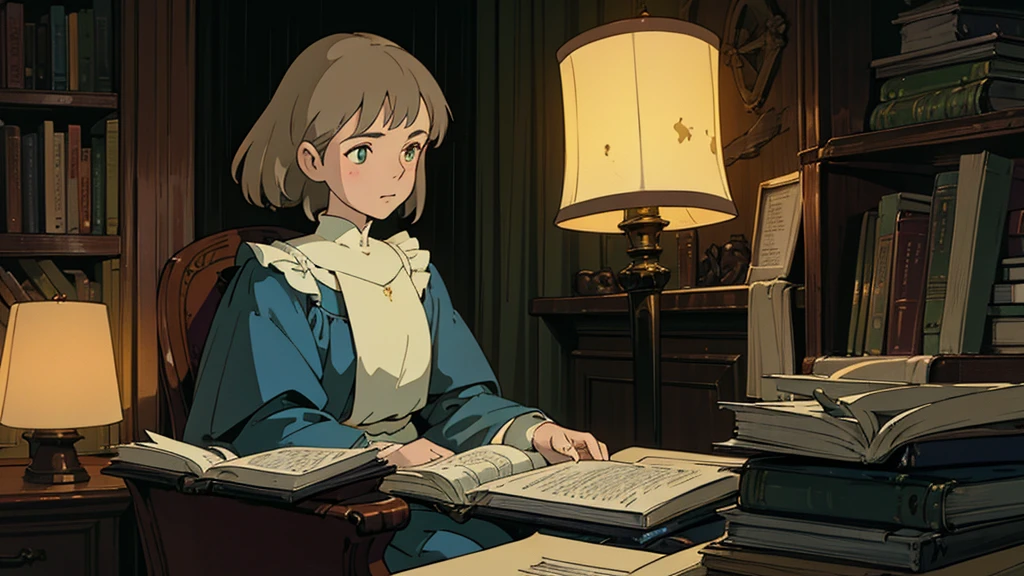 A girl, ensconced in a cozy corner on a rainy evening, sits surrounded by a jumble of books with an intensely profound study attitude. The soft yellow glow of the desk lamp illuminates her thoughtful expression, revealing her deep concentration and composed posture. Her inquisitive eyes dart back and forth between the pages, her nimble fingers turning them with subtle tilt, as she absorbs the old world wisdom contained within. The timeworn margins and sultry aura of the books add to the quiet night ambiance, creating a peaceful and tranquil countenance. This scholarly young woman, clad in plain attire, appears to be a seeker of knowledge and intellect,Width cat