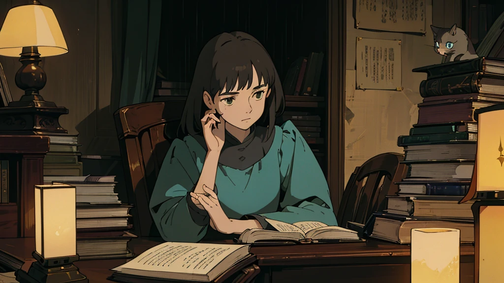 A girl, ensconced in a cozy corner on a rainy evening, sits surrounded by a jumble of books with an intensely profound study attitude. The soft yellow glow of the desk lamp illuminates her thoughtful expression, revealing her deep concentration and composed posture. Her inquisitive eyes dart back and forth between the pages, her nimble fingers turning them with subtle tilt, as she absorbs the old world wisdom contained within. The timeworn margins and sultry aura of the books add to the quiet night ambiance, creating a peaceful and tranquil countenance. This scholarly young woman, clad in plain attire, appears to be a seeker of knowledge and intellect,Width cat