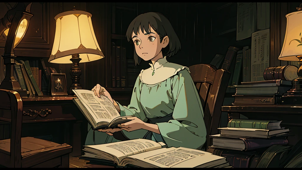 A girl, ensconced in a cozy corner on a rainy evening, sits surrounded by a jumble of books with an intensely profound study attitude. The soft yellow glow of the desk lamp illuminates her thoughtful expression, revealing her deep concentration and composed posture. Her inquisitive eyes dart back and forth between the pages, her nimble fingers turning them with subtle tilt, as she absorbs the old world wisdom contained within. The timeworn margins and sultry aura of the books add to the quiet night ambiance, creating a peaceful and tranquil countenance. This scholarly young woman, clad in plain attire, appears to be a seeker of knowledge and intellect,Width cat