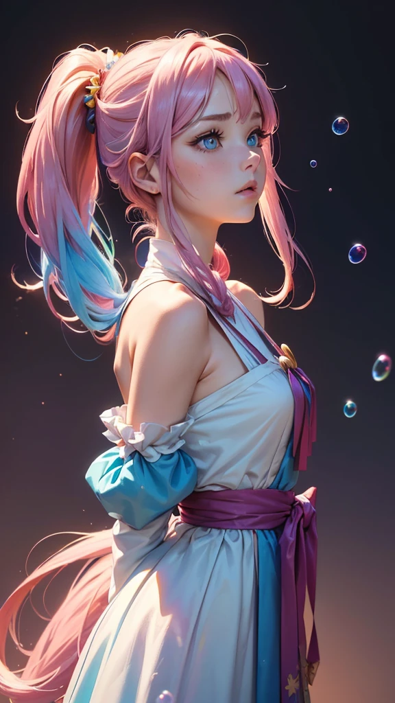 (work of art), (best qualityer), (super verbose), (dirty hair), (illustration), (1 girl) (Long Pink Hair 1.5) (blue colored eyes) (Double ponytail 2.0), ((((No Shoulders))),Hanfu, (Looking at the audience, (interview), (simple background), beautiful and delicate eyes, delicate and beautiful face, soaring (high saturation), (Colorful sheen), Multicolored Bubbles, (sheen), highlight on face, PerfectNwsjMajic, Conservative Clothes, No Shoulders, autumn clothes, facing the masses, perfect figure,