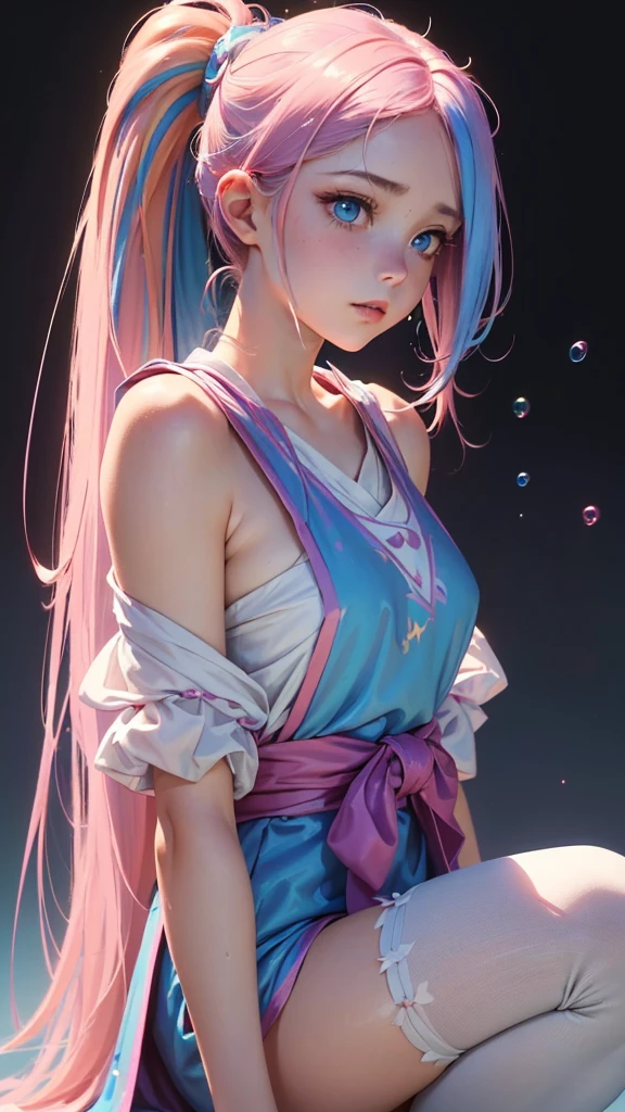 (work of art), (best qualityer), (super verbose), (dirty hair), (illustration), (1 girl) (Long Pink Hair 1.5) (blue colored eyes) (Double ponytail 2.0), ((((No Shoulders))),Hanfu, (Looking at the audience, (interview), (simple background), beautiful and delicate eyes, delicate and beautiful face, soaring (high saturation), (Colorful sheen), Multicolored Bubbles, (sheen), highlight on face, PerfectNwsjMajic, Conservative Clothes, No Shoulders, autumn clothes, facing the masses, perfect figure,