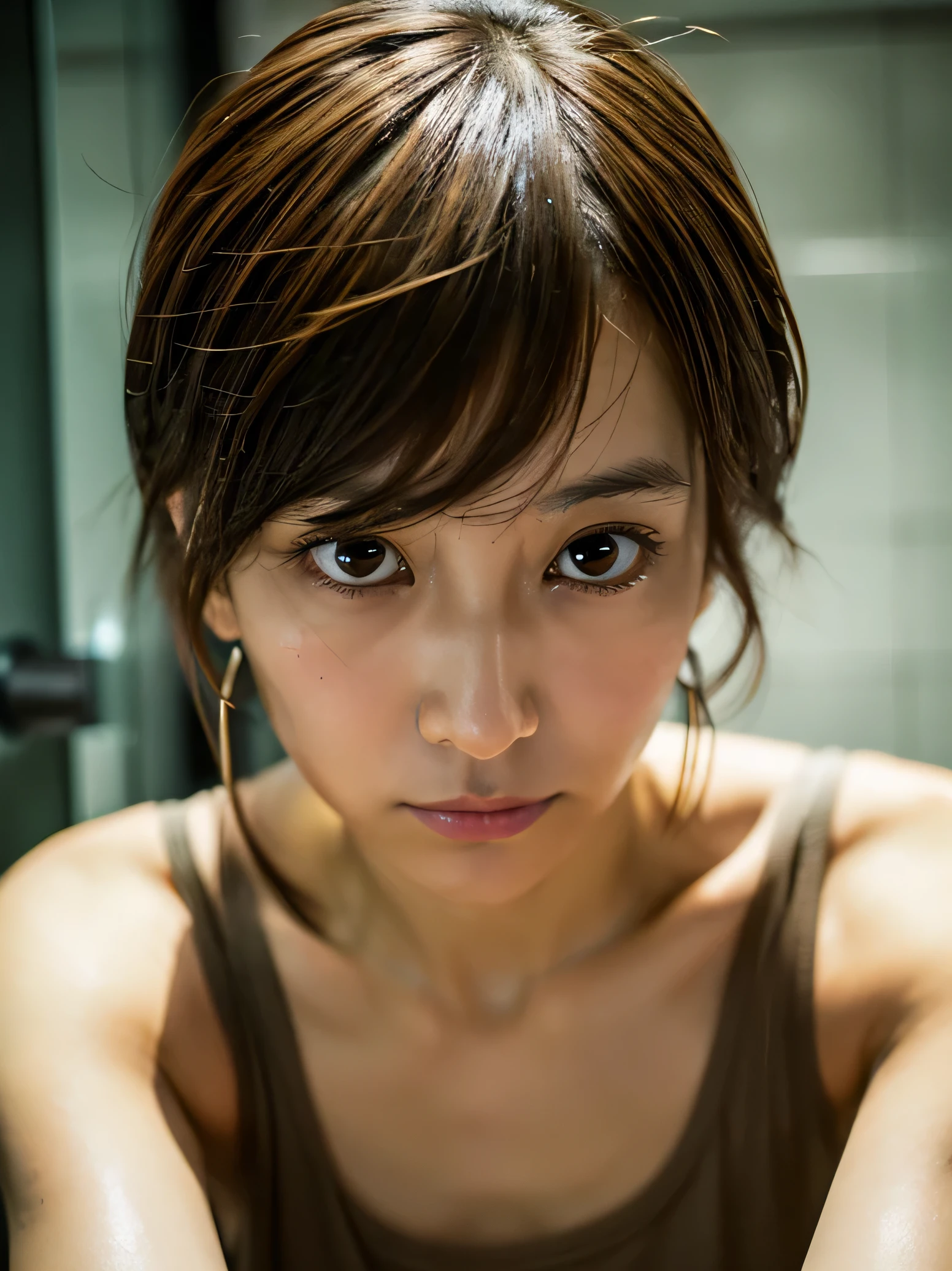 Look into the eyes, Eye contact, Front of face, face, Cross-legged, indoor, Brown Hair, bangs, Tank top, Sweat, clavicle, shoulder, Cross-legged, chest, Earrings, Skin Moisture, The gaze looking down on me, Look at me, bathroom