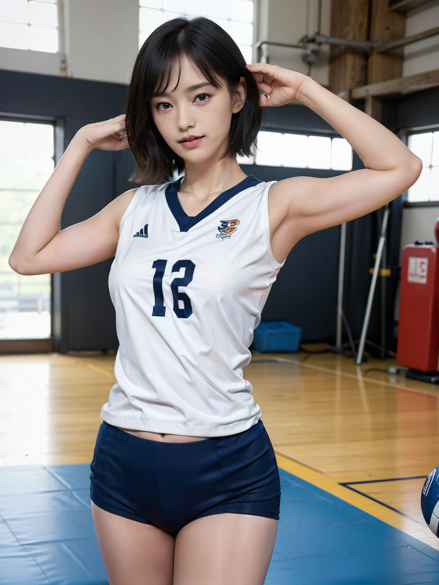 Glossy thighs、(8K、top-quality、masterpiece:1.2)、(realisitic、Photorealsitic:1.37)、ultra-detailliert、top-quality、超A high resolution、professionally lit、Photon mapping、Radio City、physically-based renderingt、Cinematic lighting、depth of fields,Focusing,Sun'rays,Good composition,,(((1 girl of 12 years))),Double eyes、(((white Volleyball uniform 、Dark blue high-leg low-rise bloomers)))、Gymnasium、A big smile、Gymnasium Court, (Tween model, 12 year old girl, young)), Ethereal beautiful, slim, very beautiful short hair,Colossal tits、 Toned abs, short cut hair、Soft light, ((David Hamilton Style)),