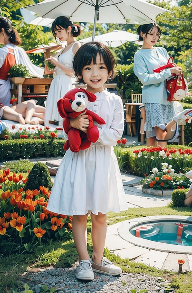 Highly realistic photo, ((masterpiece), (best quality), (raw photo), (photorealistic:1.4), Photo of a 6--old l, short hair, wearing a white dress, holding a red stuffed dog, ((real hands)), photo taken in a tulip Vietnam garden, ((standing on the grass)), photo taken by Sony A7IV
