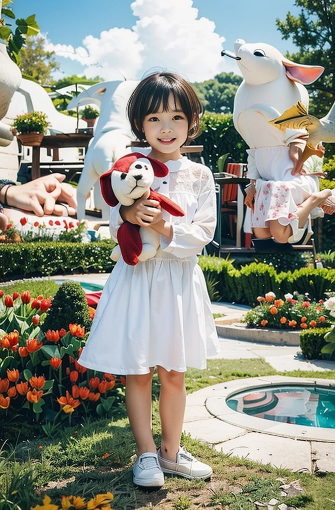 Highly realistic photo, ((masterpiece), (best quality), (raw photo), (photorealistic:1.4), Photo of a 6-year-old girl, short hair, wearing a white dress, holding a red stuffed dog, ((real hands)), photo taken in a tulip Vietnam garden, ((standing on the grass)), photo taken by Sony A7IV
