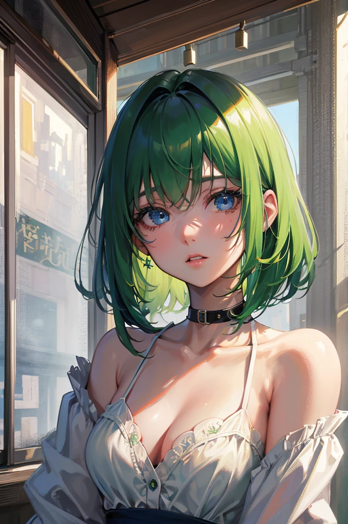 8K, Highest quality, masterpiece, Ultra-detailed、shaggy cut、shaggy cut、Green Hair、Medium hair、shaggy cut、full lips、Blue Eyes、18Year-old beauty、Portrait、Schoolyard、Japanese 、Schoolyard、high school girl、Random facial expressions