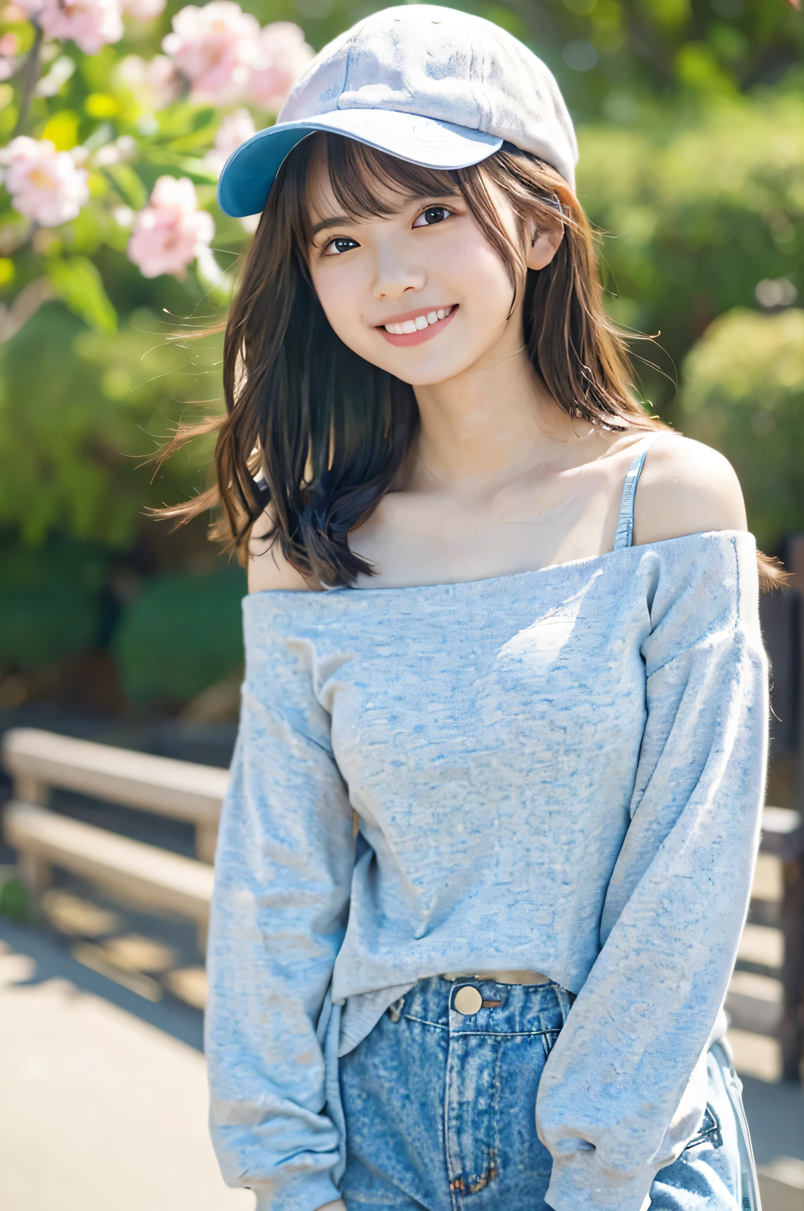 (Highest quality,4K,8K,High resolution,Tabletop:1.2),Very detailed,(Realistic,photoRealistic,photo-Realistic:1.37),Japanese animation,Soft colors,Great lighting,A girl with an innocent look,City street corner,Spring clothing details,My cheeks got red from the cold,fun,Light of the sun,peaceful and calming atmosphere,Clear blue sky,Lively, expressive eyes,Blushing,Laughter of joy,Fresh spring air,Off-the-shoulder sweatshirt top,Cleavage, Baseball cap,Delicate and graceful movements,Innocence and purity,Childlike wonder and delight,Vivid animated scenes,Soft and comfortable clothing texture,Smiling and happy faces,