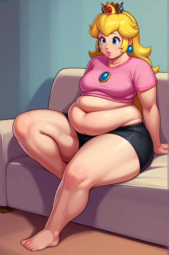 score_9, score_8_up, score_7_up, BREAK, 1girl, solo, princess peach, pink T-shirt, Black shorts, ((chubby body)), ((wide hips)), ((chubby belly)), sitting, couch, sitting on the couch, (legs spread), lean back, Full body, snacks