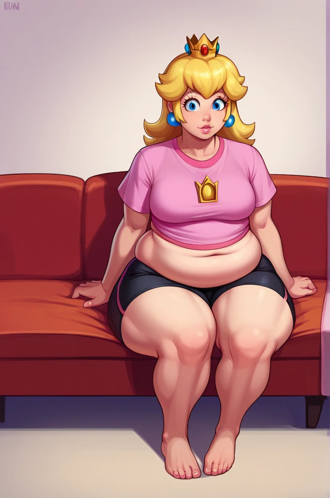 score_9, score_8_up, score_7_up, BREAK, 1girl, solo, princess peach, pink T-shirt, Black shorts, ((chubby body)), ((wide hips)), ((chubby belly)), sitting, couch, sitting on the couch, (legs spread), lean back, Full body, snacks