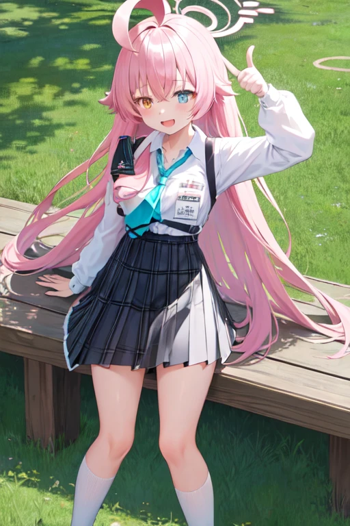 masterpiece, Highest quality, Super detailed, One girl, Hoshino, White shirt, Pleated skirt, Are standing,
Outdoor,thumbs up,furious