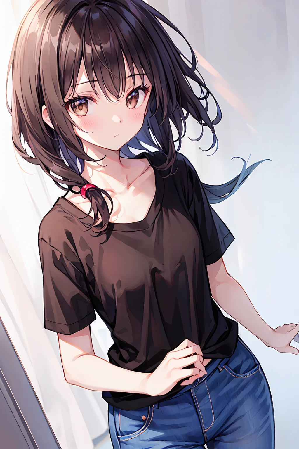 Highest quality, High resolution,1 female,thin、Small face、Brown eyes、expensive、Black hair break、Long Hair、White short-sleeved T-shirt BREAK、(Black Skinny:1.2)、(Beautiful woman:1.5)、Age 25、mature,Bust Shot