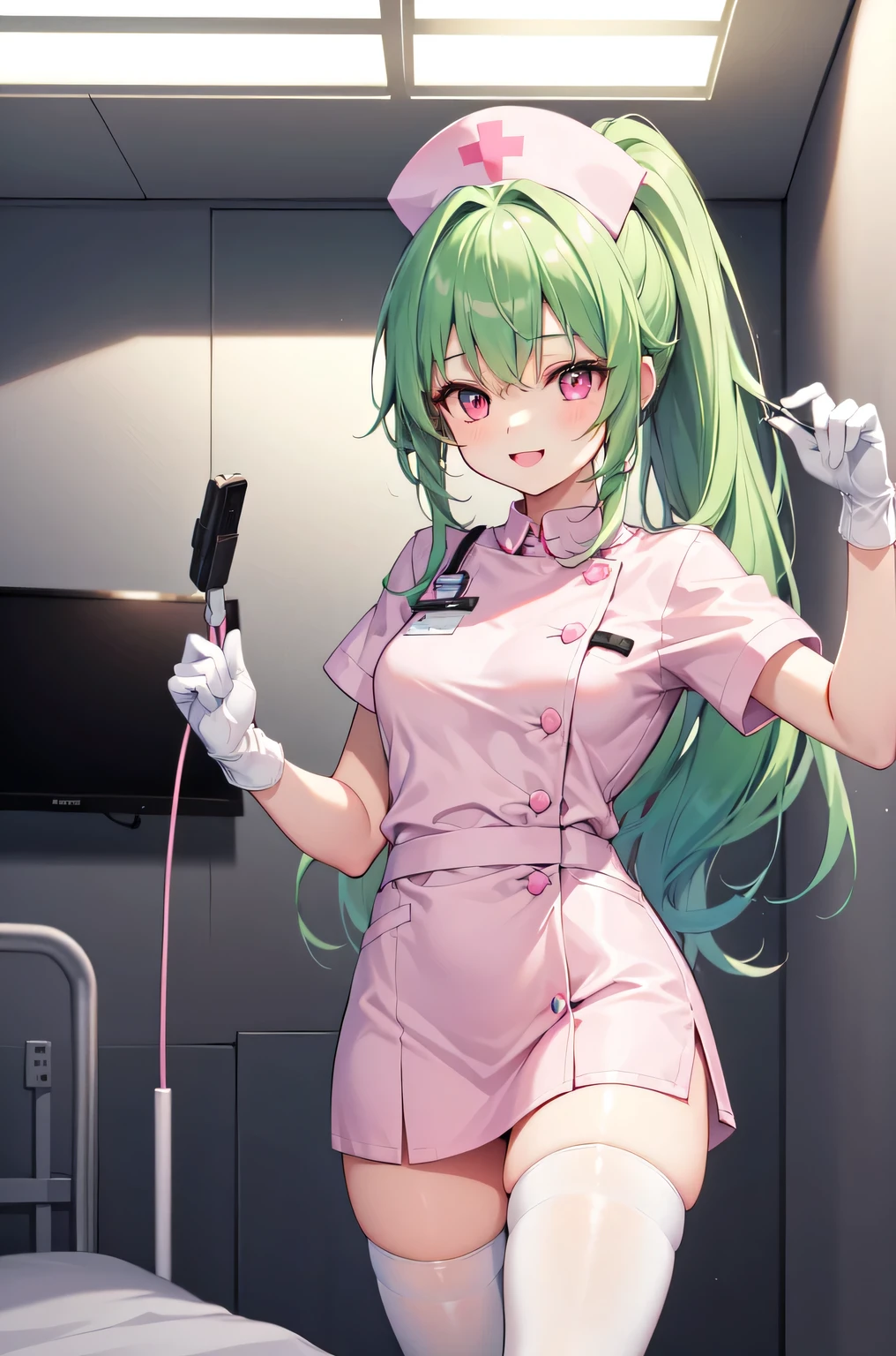 1girl, solo, nurse, nurse cap, white nurse uniform, ((white legwear, zettai ryouiki)), white gloves, ponytail, green hair, pink eyes, smile, standing, ((hospital room)), sharp outline, short sleeves, best quality, masterpiece