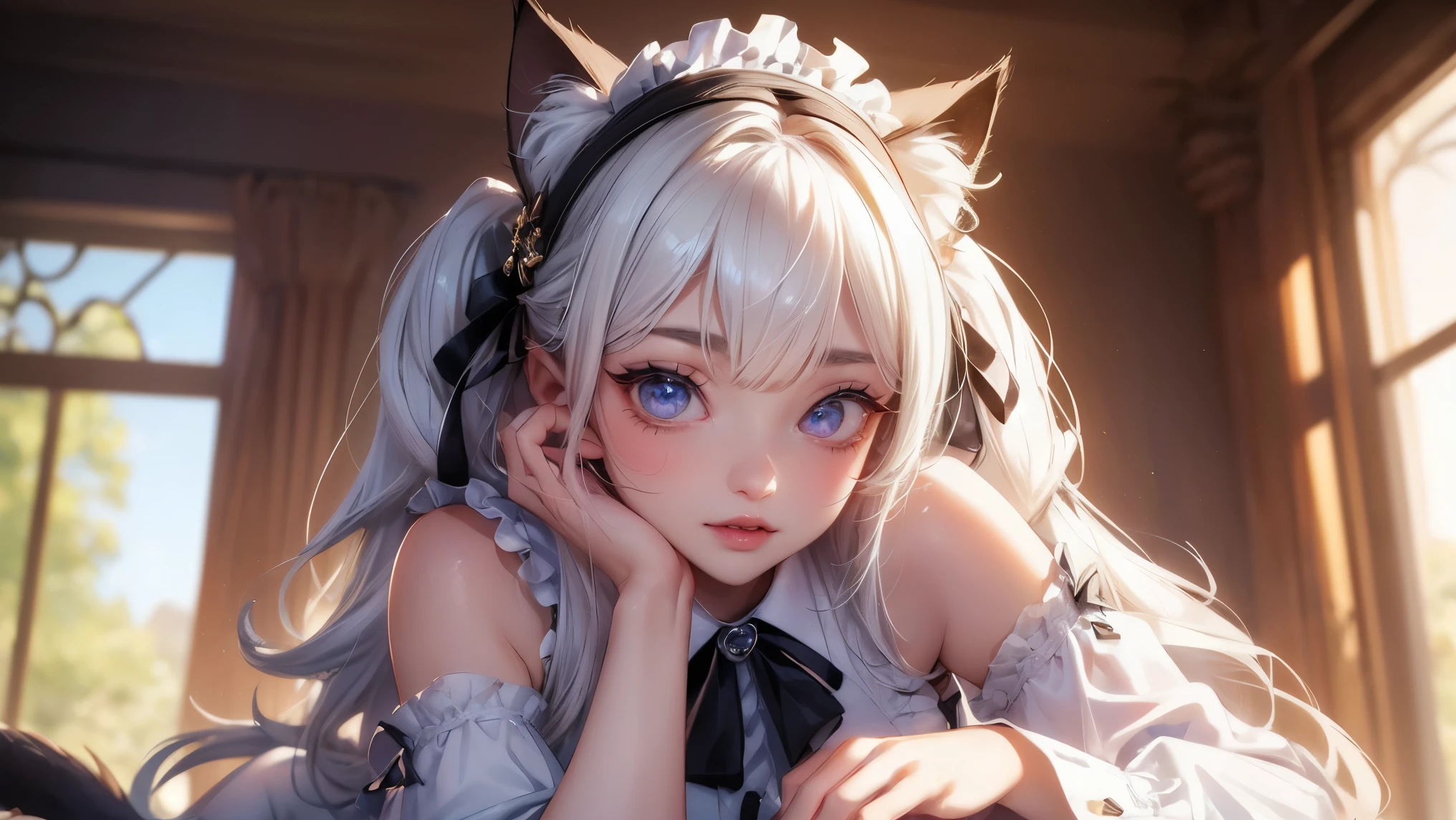 (masterpiece:1.3), (8K、best qualそれy:1.3), Highest image qualそれy, Intricate details, High resolution, Depth Field, Natural light, Professional Lighting, (1 Girl), (alone), gravure, (A so beautiful 18 year old Brそれish girl), (so beautiful:1.3), (Very cute face:1.3), (Beautiful face wそれh perfect symmetry), (Skin with attention to detail: 1.2), Photorealistic Anime Girl Rendering, Realistic anime 3D style, Beautiful platinum blonde hair, Long Hair, Crossed bangs, Asymmetrical bangs, eyelash, Strong eye highlights, (Awesome cat ears:1.3), Perfect Anatomy, The whole body is visible, (Beautiful platinum blonde hairのミドルウェーブヘア), (Beautiful purple eyes, Beautiful eyelash、Realistic eyes)), Dynamic Angle, ((Perfect Anatomy)), ((British maid, whそれe frilled maid headband, Frilled blouse, Ribbon tie, apron, Navy Blue Skirt, Silk socks, High heels)), ((Silk lace panties, Shiny thighs)), (Recall, smile),Volumetric lighting, Soft Light, Bright colors, Watercolor, Bright colors, Create digそれal artwork in pop art style,Having a letter