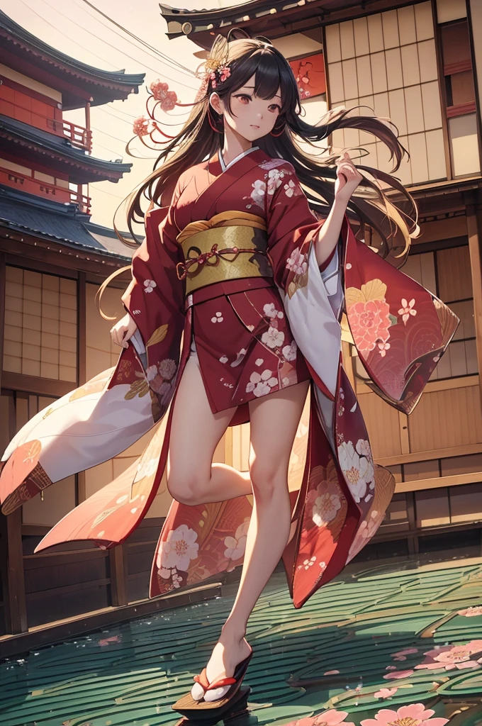 1woman, (((fullbody image))), red kimono with golden embroidery, ((((flying)))), (((((flying over traditional Japanese houses with tiled roofs))))), huge flowing hair adorned with flowers, (best quality:1.2), (4k, 8k, highres, masterpiece:1.2), ultra-detailed, (realistic, photorealistic:1.37), detailed face with flawless skin, beautiful almond-shaped eyes, elegant and graceful pose, intricate kimono patterns with floral and geometric designs, flowing hair with individual strands visible, dramatic lighting casting soft shadows, cinematic composition with dynamic angles, vibrant colors with rich reds and golds, fantasy, digital art, misty background with cherry blossom trees, delicate petals floating in the air, serene and tranquil atmosphere, subtle wind effect on clothing and hair