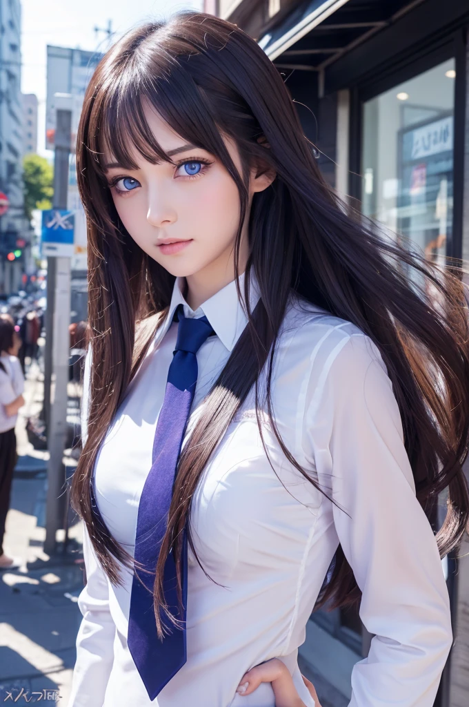 Anime girl with long hair and blue eyes standing on a city street, ArtStation Pixivでトレンド, Purple eyes, Blue tie, beautiful (Fine grain, Detailed face,) Ahegao, Euradev, Noble Temperament, High heels, No watermark
