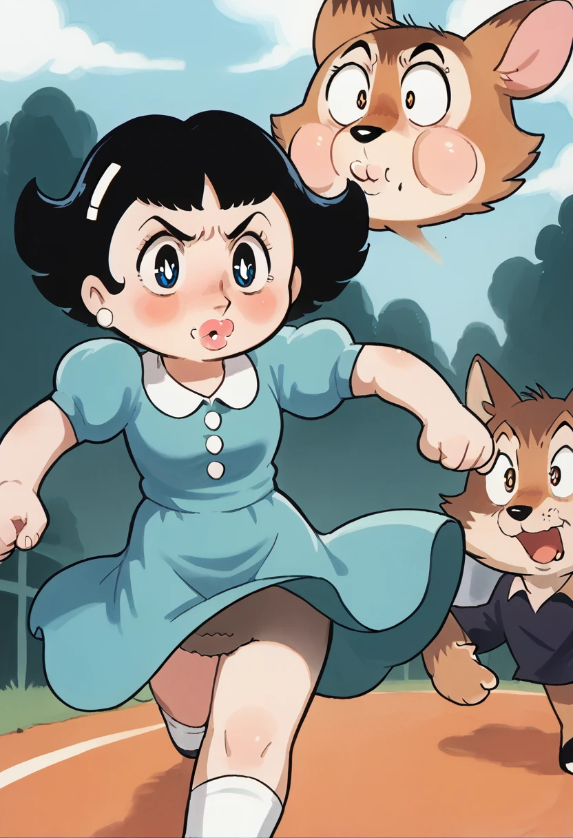 (tezuka osamu style) , Hairy wolf mom , round face , moist round eyes , Swollen cheeks , glossy lips , Torn summer dress , in the Haunted house , escape move , running , upskirt , (chase walleye zombie) , escape , look of angry , bare bushy crotch
