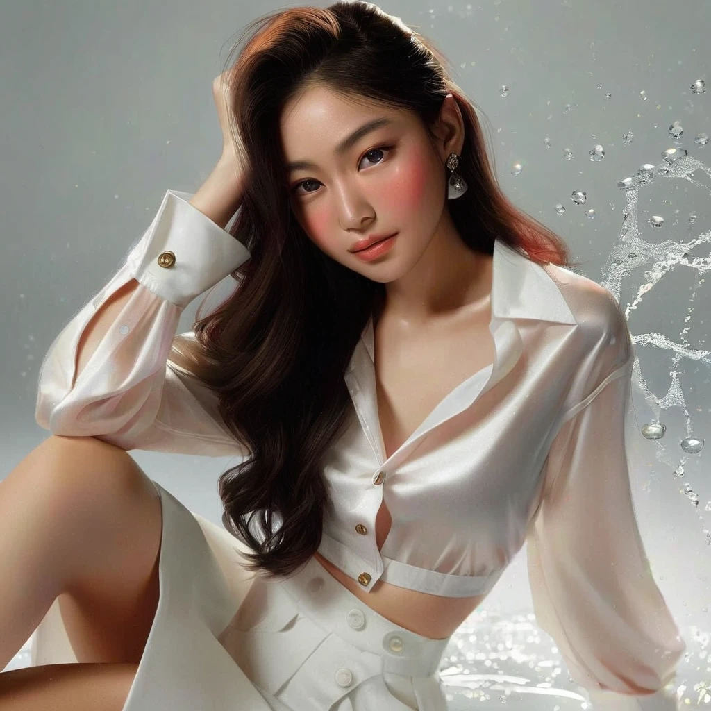 a young asian woman with a malay-like face, wearing a white shirt with abstract black and red patterns, black jeans, holding a green, yellow and red parrot, with a wolf cut hairstyle in the korean style, realistic, professional photography, high quality, HD, bright lighting, high resolution, photorealistic