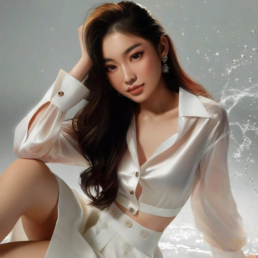 a young asian woman with a malay-like face, wearing a white shirt with abstract black and red patterns, black jeans, holding a green, yellow and red parrot, with a wolf cut hairstyle in the korean style, realistic, professional photography, high quality, HD, bright lighting, high resolution, photorealistic