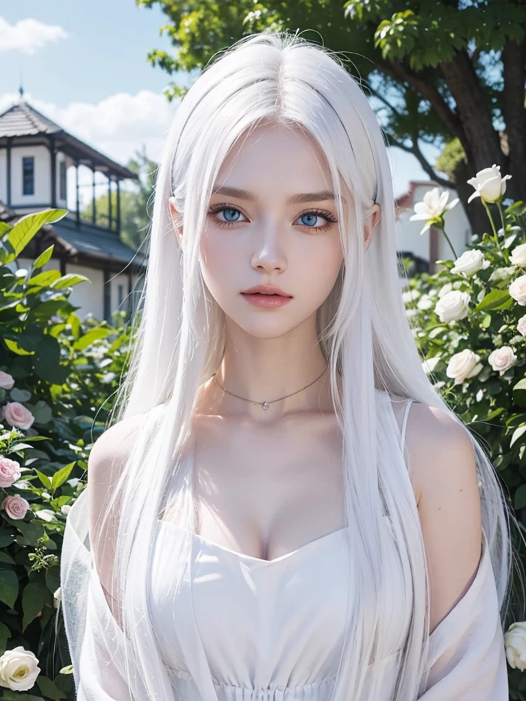 Long white hair, blue eyes, serious features, white skin, loose style, in a garden, with flowers 