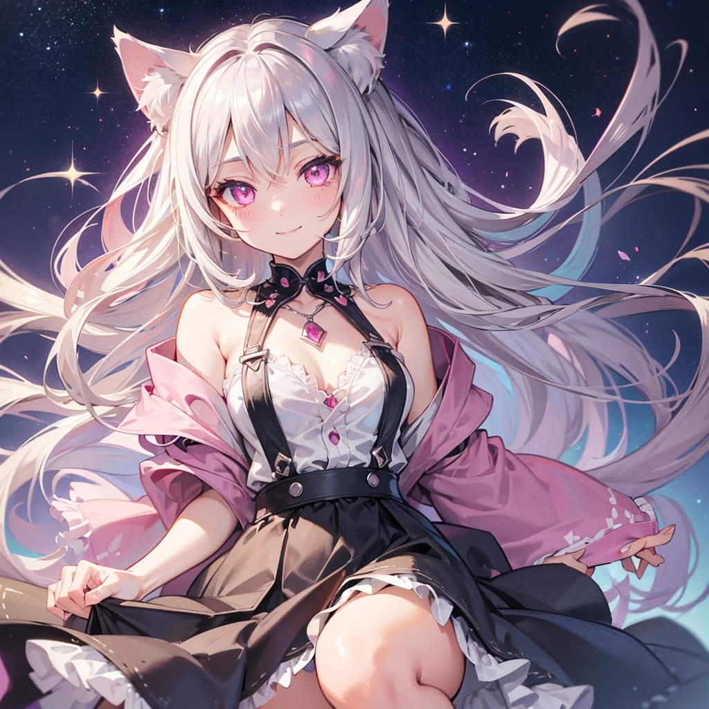 Highly detailed face,fine grain,Sparkling eyes,Highlighted eyes,Medium chest,pretty girl, smile,Longing eyes,Cat ear, Beautiful silver hair,Pink inside,Beautiful pink eyes,Oversized shirt,skirt