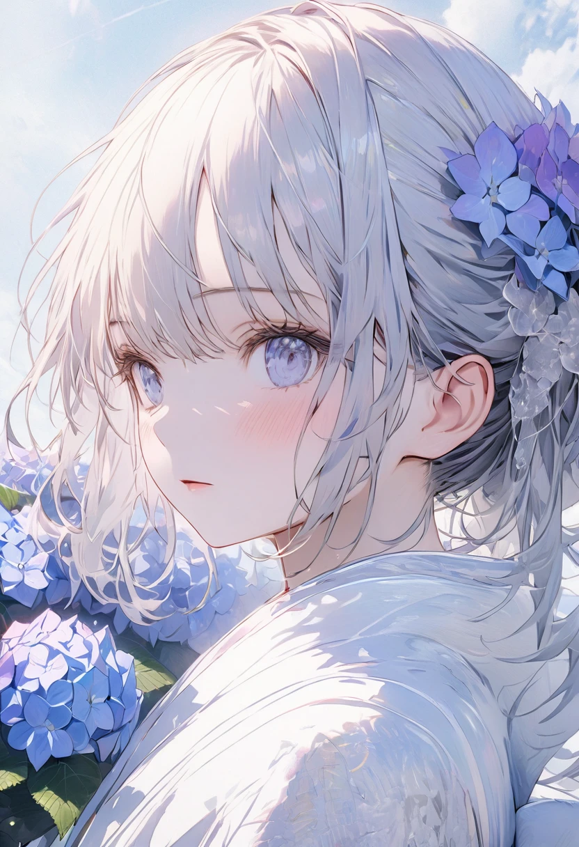 Hydrangea, beautiful single girl, beautiful sky, detailed details, big sky, full body view, BREAK ,quality\(8k,wallpaper of extremely detailed CG unit, masterpiece,hight resolution,top-quality,top-quality real texture skin,hyper realisitic,increase the resolution,RAW photos,best qualtiy,highly detailed,the wallpaper,cinematic lighting,ray trace,golden ratio\),