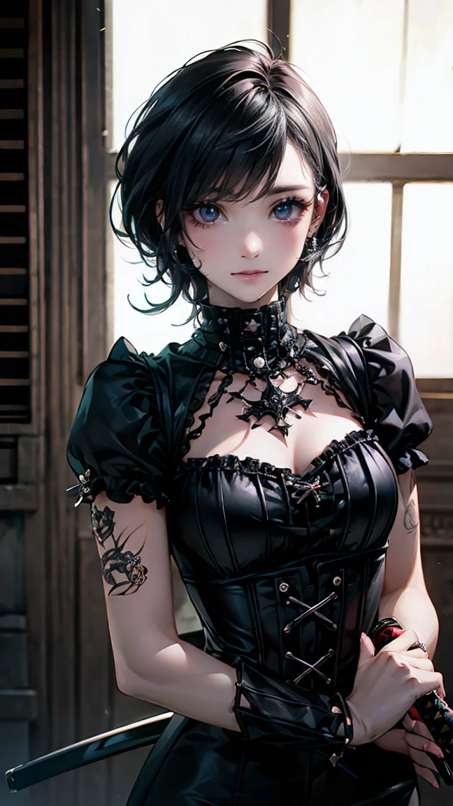 (masterpiece:1.2, highest quality), (realistic, photorealistic:1.4), beautiful illustrations, (natural side lighting, movie lighting),
looking at the viewer, Upper body, (Front view), 1 girl, perfect face, Cute symmetrical face, shiny skin, baby face, long eyelash, (medium breasts), (wide hips:1.2),short cut hair,
beautiful hair, beautiful face, detailed and beautiful eyes, beautiful body, beautiful breasts, beautiful thighs, beautiful feet, beautiful fingers,
(beautiful scenery),(cute smile:1.3, upper eye), 18yo,pale skin,a woman in black corset and goth hair, with piercings, 1girl, 独奏, black hair, short hair, ring,(pierce:1.5),(Punk style:1.5),(gothic dress),(black lips:1.5),((Holding a Japanese sword))