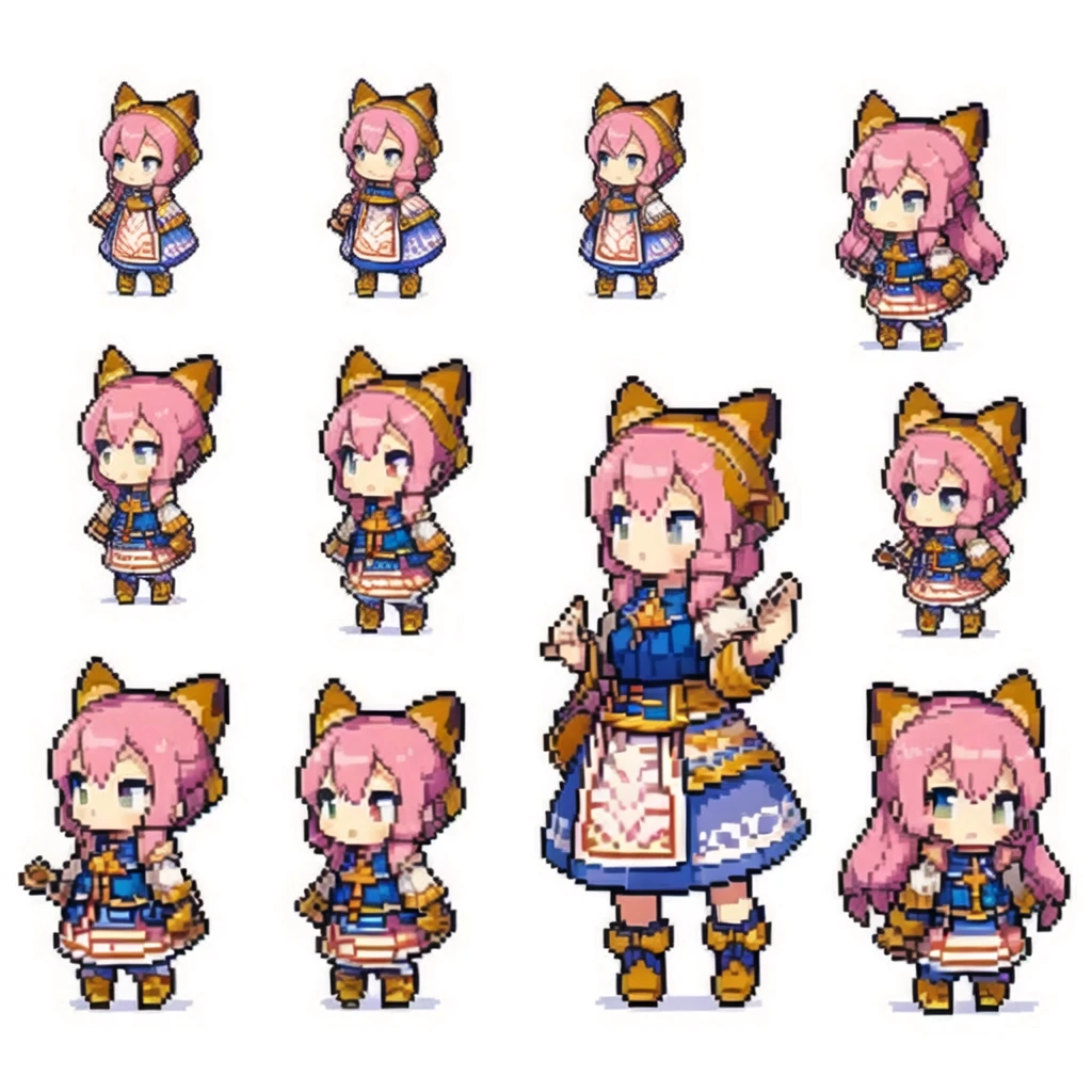the very same person character chips , masterpiece , 6 poses (put out one's left foot , put out one's right foot , 2 front-facing poses , 2 back poses),best quality , pixel , pixel art , xiangsu , xiang su , sequence frames , walking , 1 girl , fantasy clothes , full body , white background , heroine , sexy , chibi , Highly Exposed , pink clothes , pink hair , walking frame