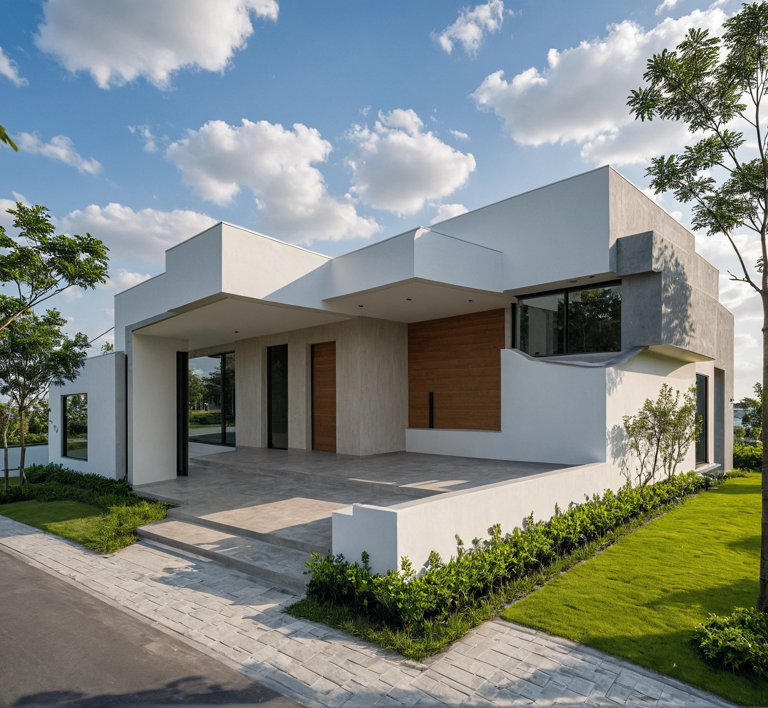Masterpiece, high quality, best quality, authentic, super detail, outdoors, onestoreyvillaXL, aiaigroup, house style modern on the street ,stairs, white wall ,road,pavement, grass, trees, sky, cloud, (daylight:1.1)