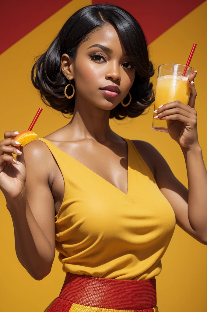 Drink label written Malandra, Elegant black woman, Estilo Retrato, holding a glass of drinks in one hand and a mango fruit in the other, soft yellow and red clothes, Geometric background 