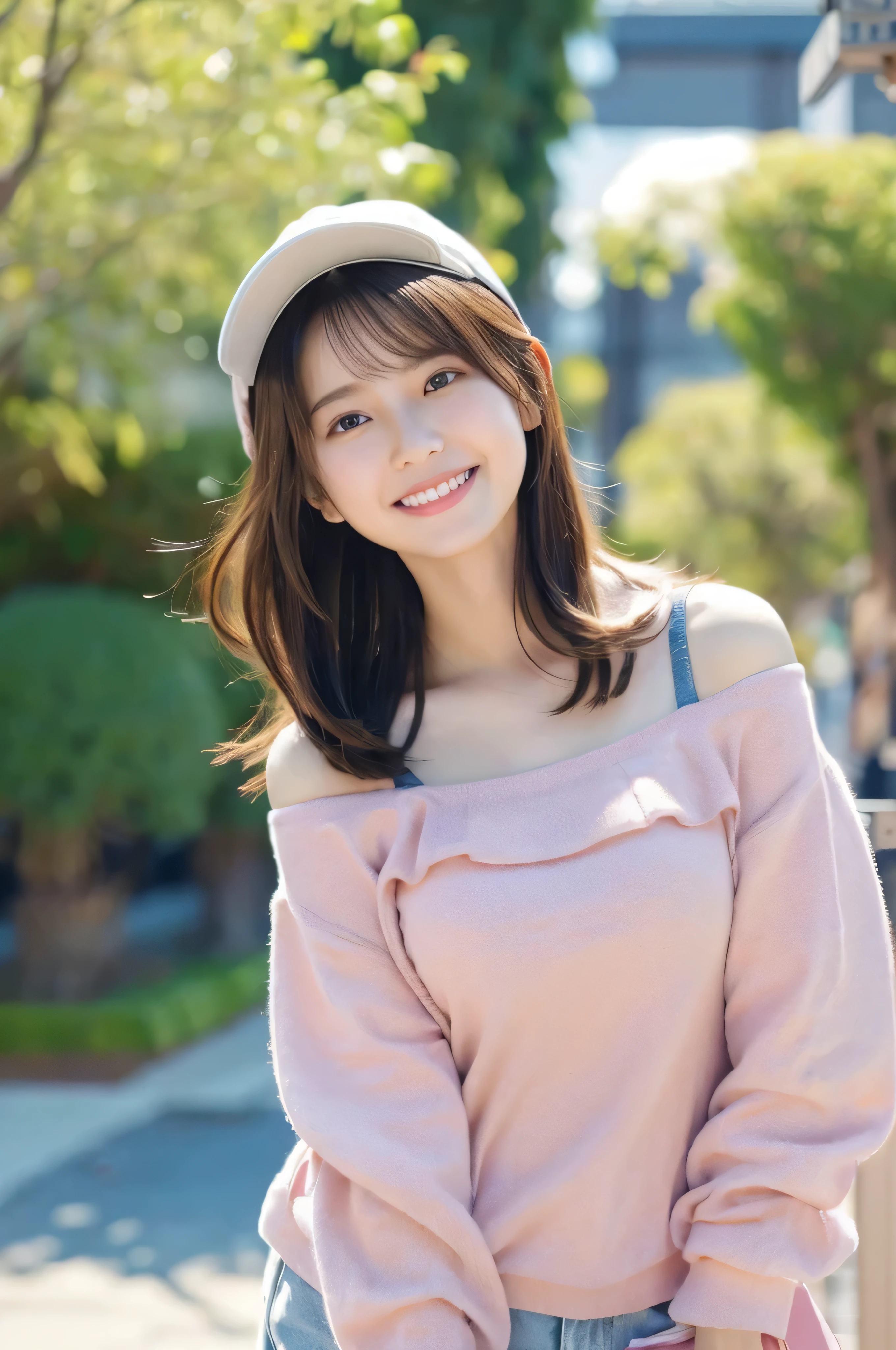 (Highest quality,4K,8K,High resolution,Tabletop:1.2),Very detailed,(Realistic,photoRealistic,photo-Realistic:1.37),Japanese animation,Soft colors,Great lighting,A girl with an innocent look,City street corner,Spring clothing details,My cheeks got red from the cold,fun,Light of the sun,peaceful and calming atmosphere,Clear blue sky,Lively, expressive eyes,Blushing,Laughter of joy,Fresh spring air,Off-the-shoulder sweatshirt top,Cleavage, Slender figure, Large Bust, Baseball cap,Delicate and graceful movements,Innocence and purity,Childlike wonder and delight,Vivid animated scenes,Soft and comfortable clothing texture,Smiling and happy faces,