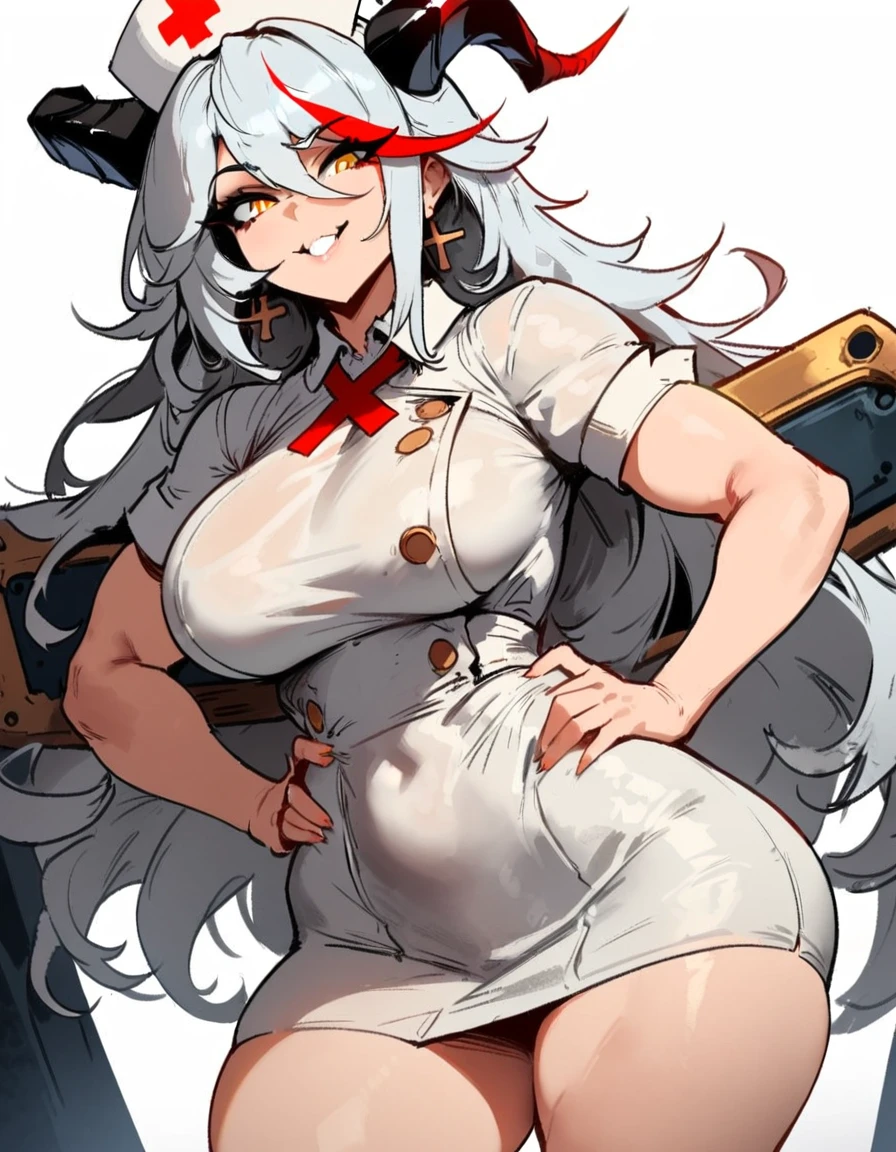1girl, aegir \(azur lane\), azur lane \\\\\ masterpiece, best quality, very aesthetic, absurdres, newest \\\\\\ sportive body, \\\\\\ by nyantcha,,by cutesexyrobutts,by khyle ///// white hair with a single prominent red streak, black horns, yellow eyes, , white (nurse outfit:1.2), skirt, , white pencil skirt, nurse cap, , , a red cross on the cap, standing, (white background:1.2), rating general, horny smile, hands on hips