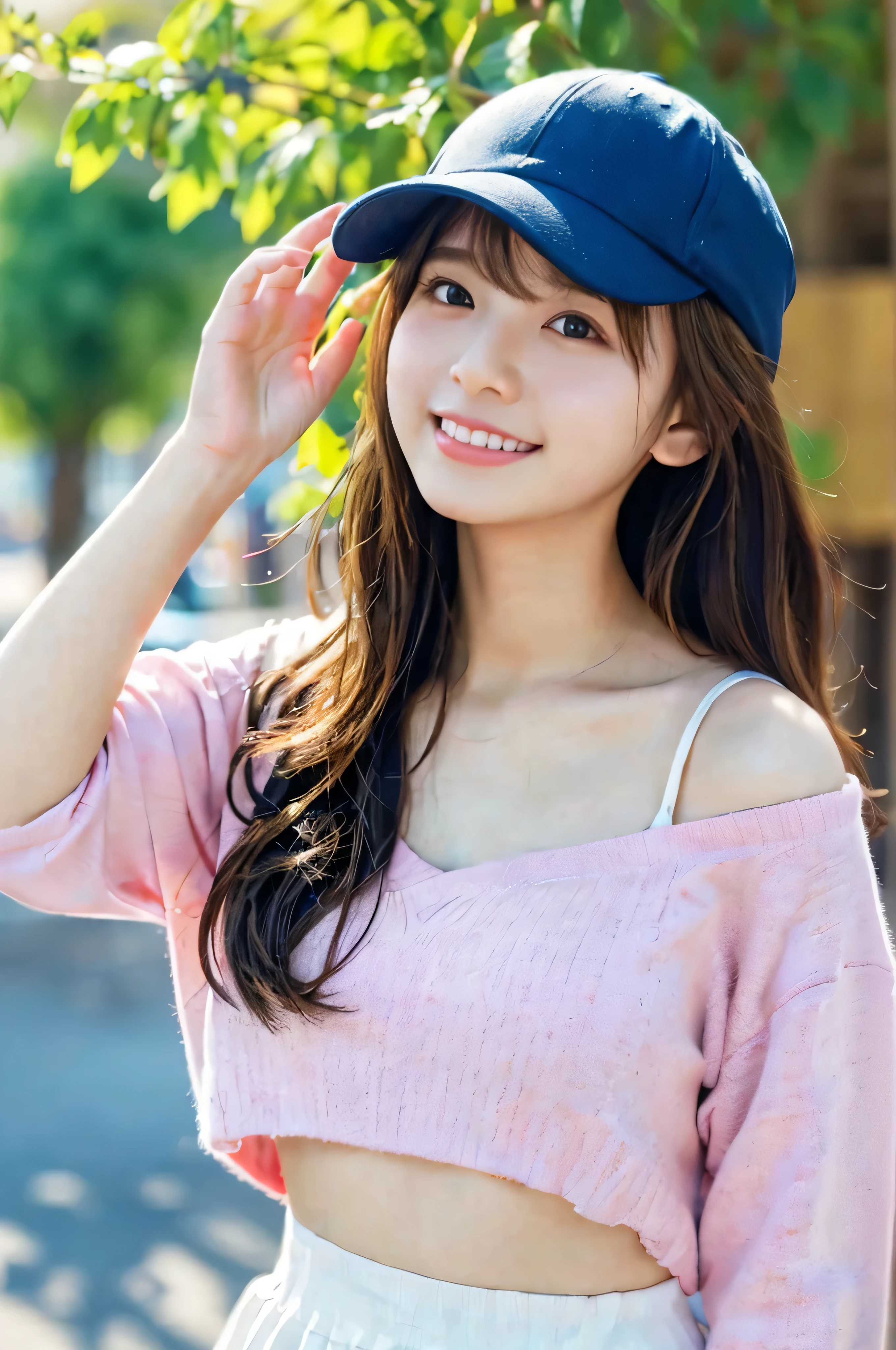 (Highest quality,4K,8K,High resolution,Tabletop:1.2),Very detailed,(Realistic,photoRealistic,photo-Realistic:1.37),Japanese animation,Soft colors,Great lighting,A girl with an innocent look,City street corner,Spring clothing details,My cheeks got red from the cold,fun,Light of the sun,peaceful and calming atmosphere,Clear blue sky,Lively, expressive eyes,Blushing,Laughter of joy,Fresh spring air,Off-the-shoulder sweatshirt top,Cleavage, Slender figure, Large Bust, Baseball cap,Delicate and graceful movements,Innocence and purity,Childlike wonder and delight,Vivid animated scenes,Soft and comfortable clothing texture,Smiling and happy faces,
