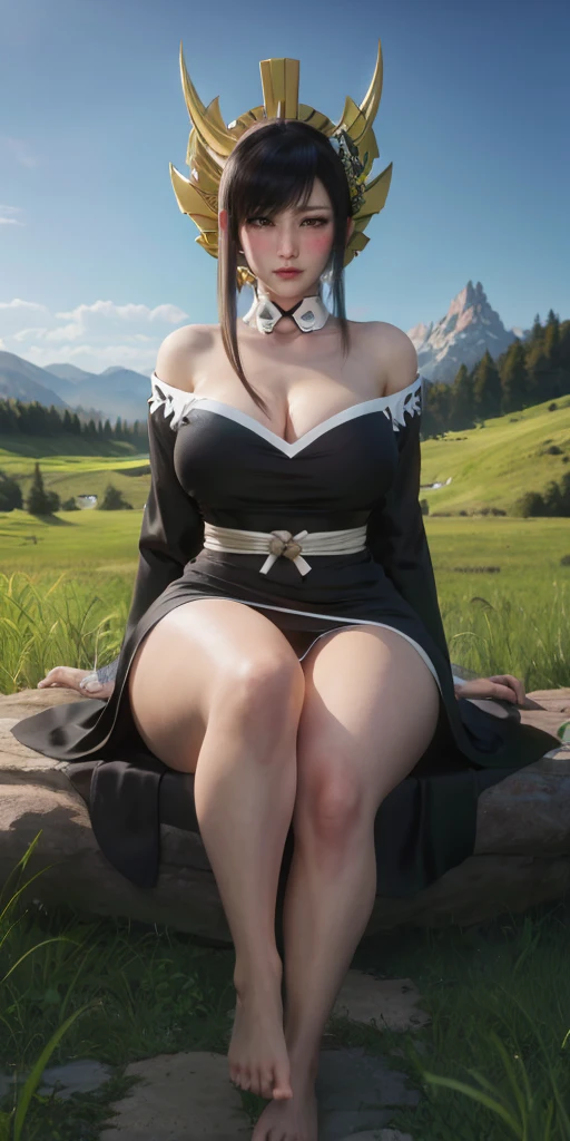 score_9, score_8_up, score_7_up, uncensored, source_anime, senjumaru from bleach, 1girl, black hair, hair ornament, big ass, big breasts, blush, voluptuous, horny, sexy, stocking, 1girl, grass, solo, barefoot, sitting, breasts, mountain, sunset, dress, bare_shoulders, outdoors, looking_at_viewer, off_shoulder, field, sky, lake, collarbone, mountainous_horizon, indian_style, twilight, tree, black_dress, large_breasts, scenery, large_breasts, feet, off-shoulder_dress, rock, hollow eyes, brown eyes, looking at viewer. heavy breathing, embarrassed, blush face, steaming face,