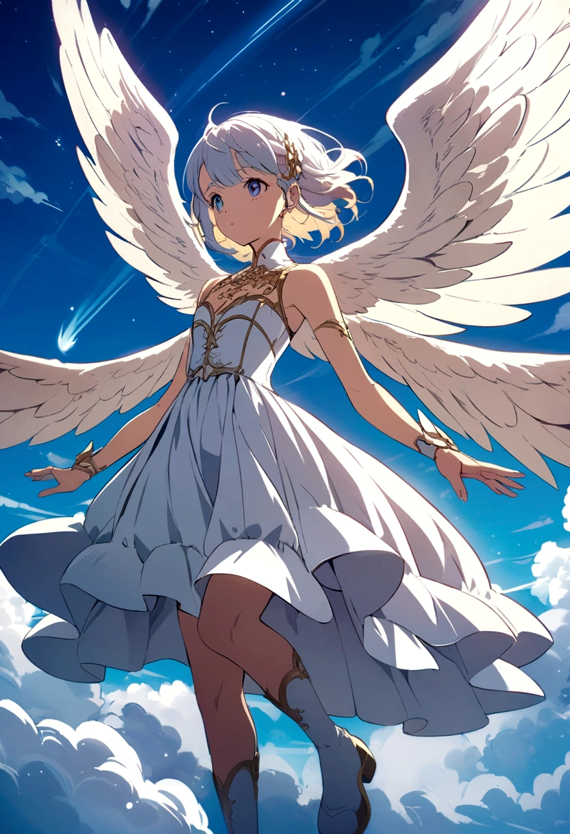 Anime Style　youth　Large wings　fly in the sky