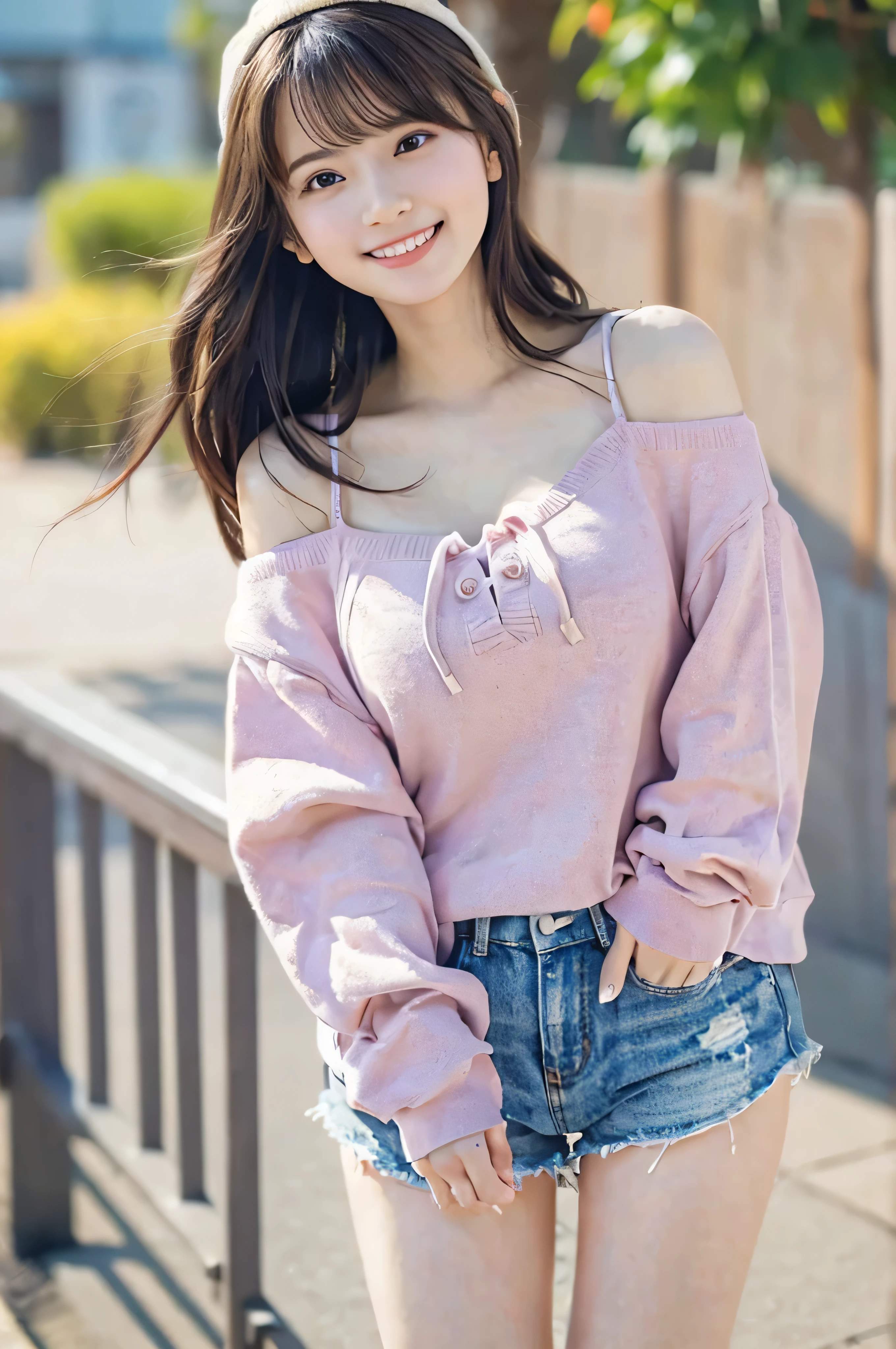 (Highest quality,4K,8K,High resolution,Tabletop:1.2),Very detailed,(Realistic,photoRealistic,photo-Realistic:1.37),Japanese animation,Soft colors,Great lighting,A girl with an innocent look,City street corner,Spring clothing details,My cheeks got red from the cold,fun,Light of the sun,peaceful and calming atmosphere,Clear blue sky,Lively, expressive eyes,Blushing,Laughter of joy,Fresh spring air,Off-the-shoulder sweatshirt top,Cleavage, Slender figure, Large Bust, Baseball cap,Delicate and graceful movements,Innocence and purity,Childlike wonder and delight,Vivid animated scenes,Soft and comfortable clothing texture,Smiling and happy faces,
