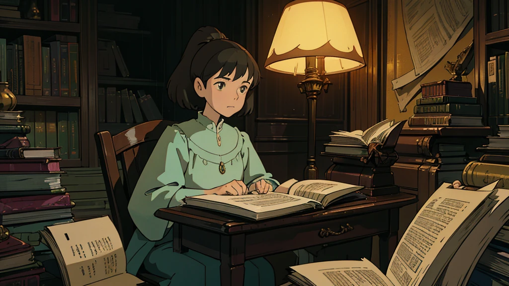 A girl, ensconced in a cozy corner on a rainy evening, sits surrounded by a jumble of books with an intensely profound study attitude. The soft yellow glow of the desk lamp illuminates her thoughtful expression, revealing her deep concentration and composed posture. Her inquisitive eyes dart back and forth between the pages, her nimble fingers turning them with subtle tilt, as she absorbs the old world wisdom contained within. The timeworn margins and sultry aura of the books add to the quiet night ambiance, creating a peaceful and tranquil countenance. This scholarly young woman, clad in plain attire, appears to be a seeker of knowledge and intellect,Width cat