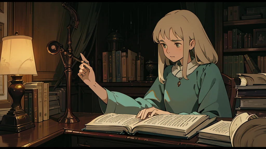 A girl, ensconced in a cozy corner on a rainy evening, sits surrounded by a jumble of books with an intensely profound study attitude. The soft yellow glow of the desk lamp illuminates her thoughtful expression, revealing her deep concentration and composed posture. Her inquisitive eyes dart back and forth between the pages, her nimble fingers turning them with subtle tilt, as she absorbs the old world wisdom contained within. The timeworn margins and sultry aura of the books add to the quiet night ambiance, creating a peaceful and tranquil countenance. This scholarly young woman, clad in plain attire, appears to be a seeker of knowledge and intellect,Width cat