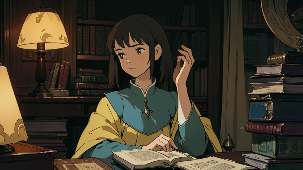 A girl, ensconced in a cozy corner on a rainy evening, sits surrounded by a jumble of books with an intensely profound study attitude. The soft yellow glow of the desk lamp illuminates her thoughtful expression, revealing her deep concentration and composed posture. Her inquisitive eyes dart back and forth between the pages, her nimble fingers turning them with subtle tilt, as she absorbs the old world wisdom contained within. The timeworn margins and sultry aura of the books add to the quiet night ambiance, creating a peaceful and tranquil countenance. This scholarly young woman, clad in plain attire, appears to be a seeker of knowledge and intellect,Width cat