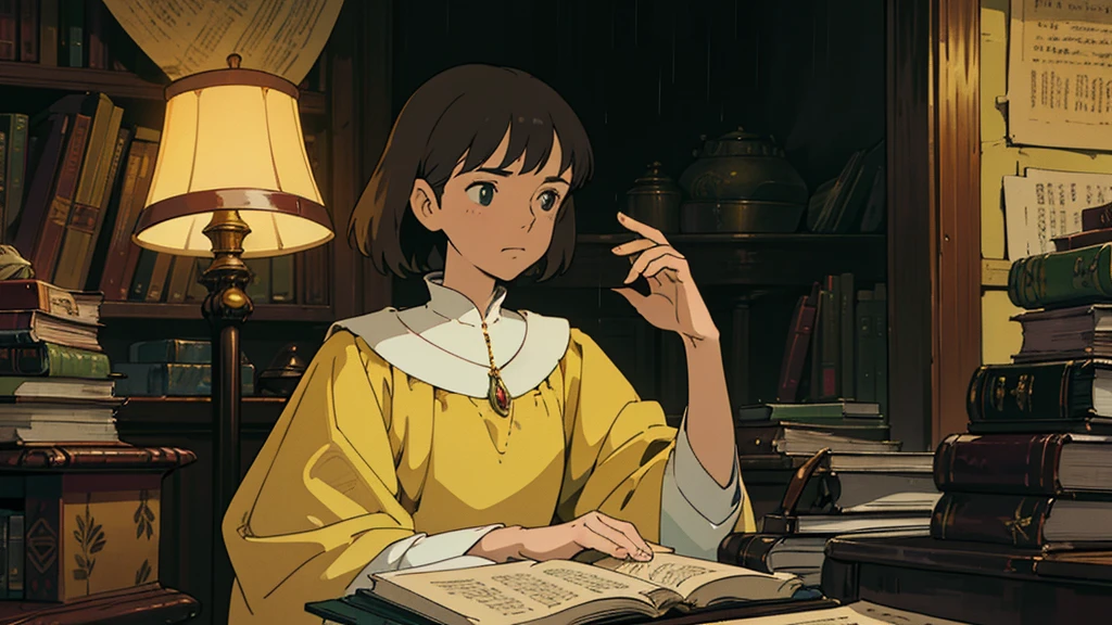 A girl, ensconced in a cozy corner on a rainy evening, sits surrounded by a jumble of books with an intensely profound study attitude. The soft yellow glow of the desk lamp illuminates her thoughtful expression, revealing her deep concentration and composed posture. Her inquisitive eyes dart back and forth between the pages, her nimble fingers turning them with subtle tilt, as she absorbs the old world wisdom contained within. The timeworn margins and sultry aura of the books add to the quiet night ambiance, creating a peaceful and tranquil countenance. This scholarly young woman, clad in plain attire, appears to be a seeker of knowledge and intellect,Width cat