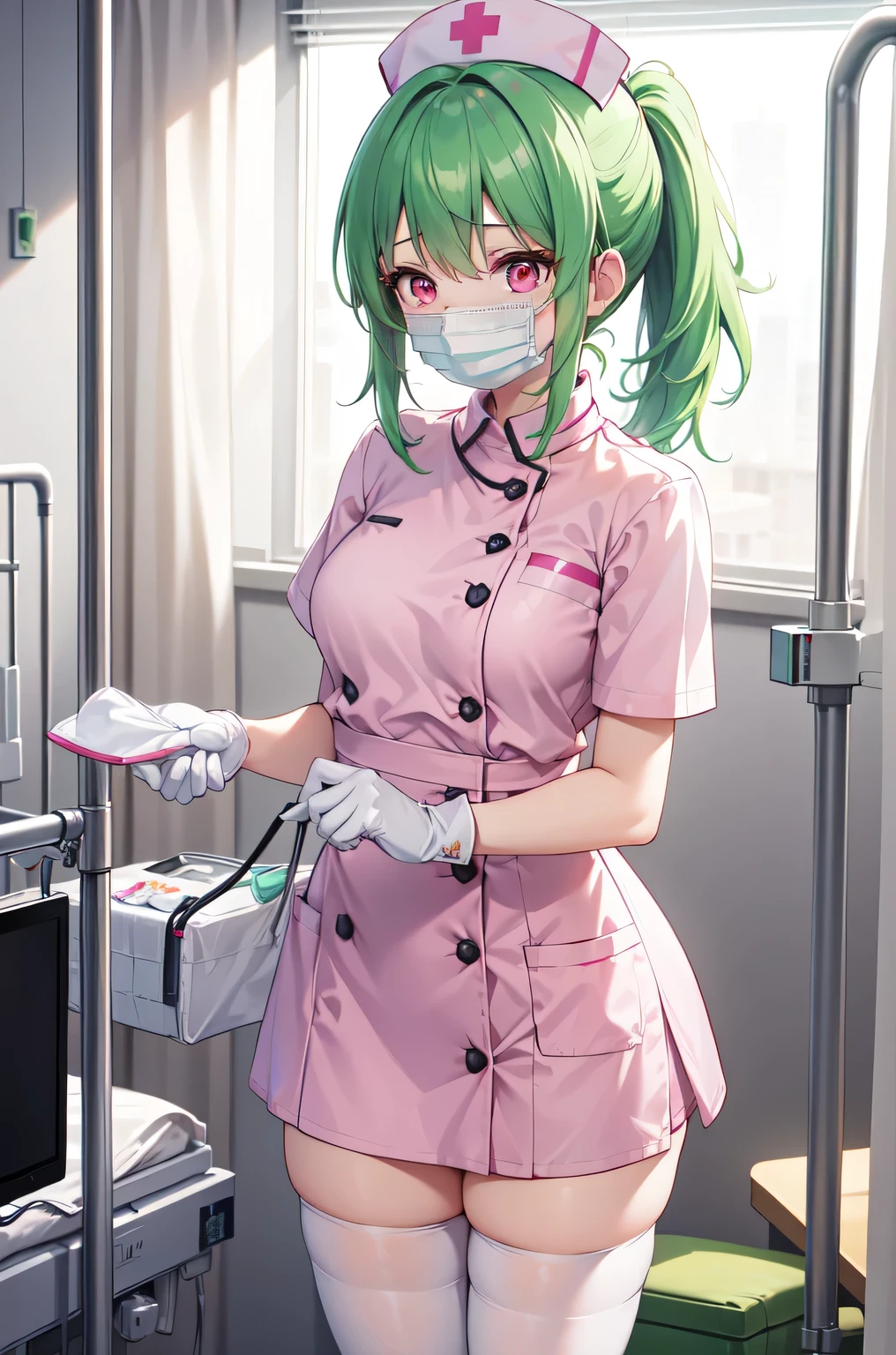 1girl, solo, nurse, nurse cap, white nurse uniform, ((white legwear, zettai ryouiki)), white gloves, ponytail, green hair, pink eyes, ((white surgical mask, covered nose)), standing, ((hospital room)), sharp outline, short sleeves, best quality, masterpiece