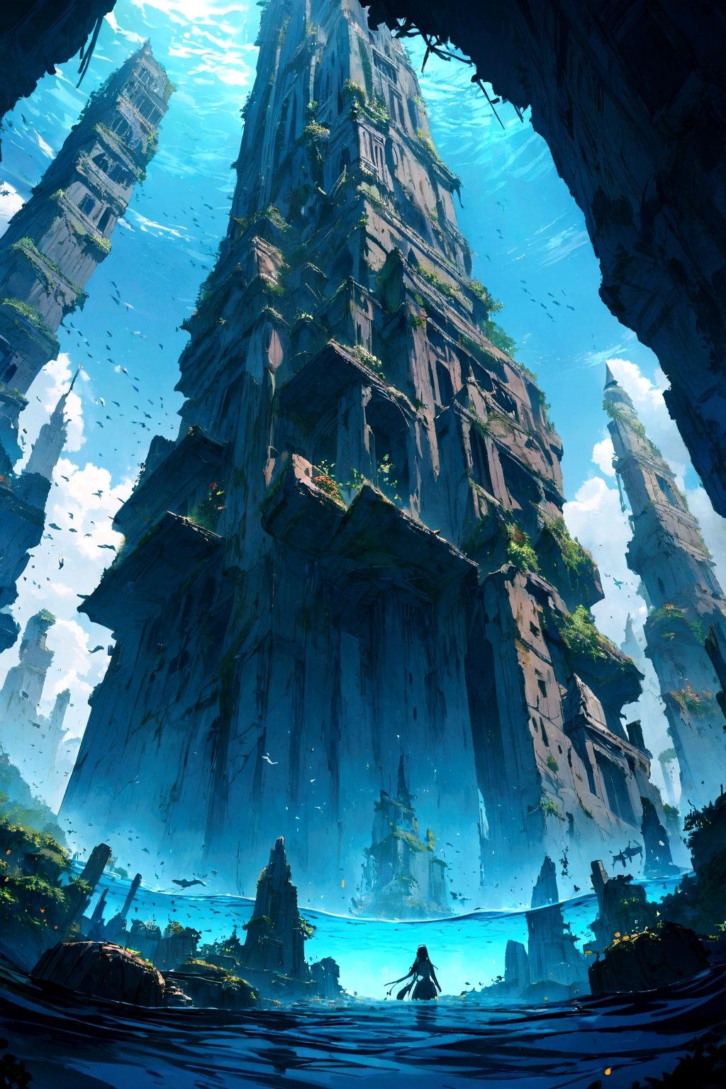 Submerged ruins of a tall tower, The world after civilization has fallen, Blue sky seen from underwater, Uninhabited World, Beautiful Blue, High resolution, masterpiece, fine, 8K
