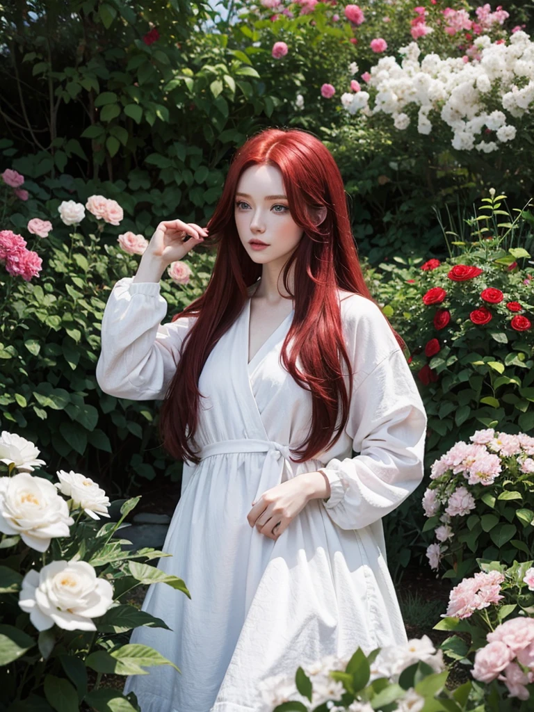 Long red hair, blue eyes, serious features, white skin, loose style, in a garden, with flowers