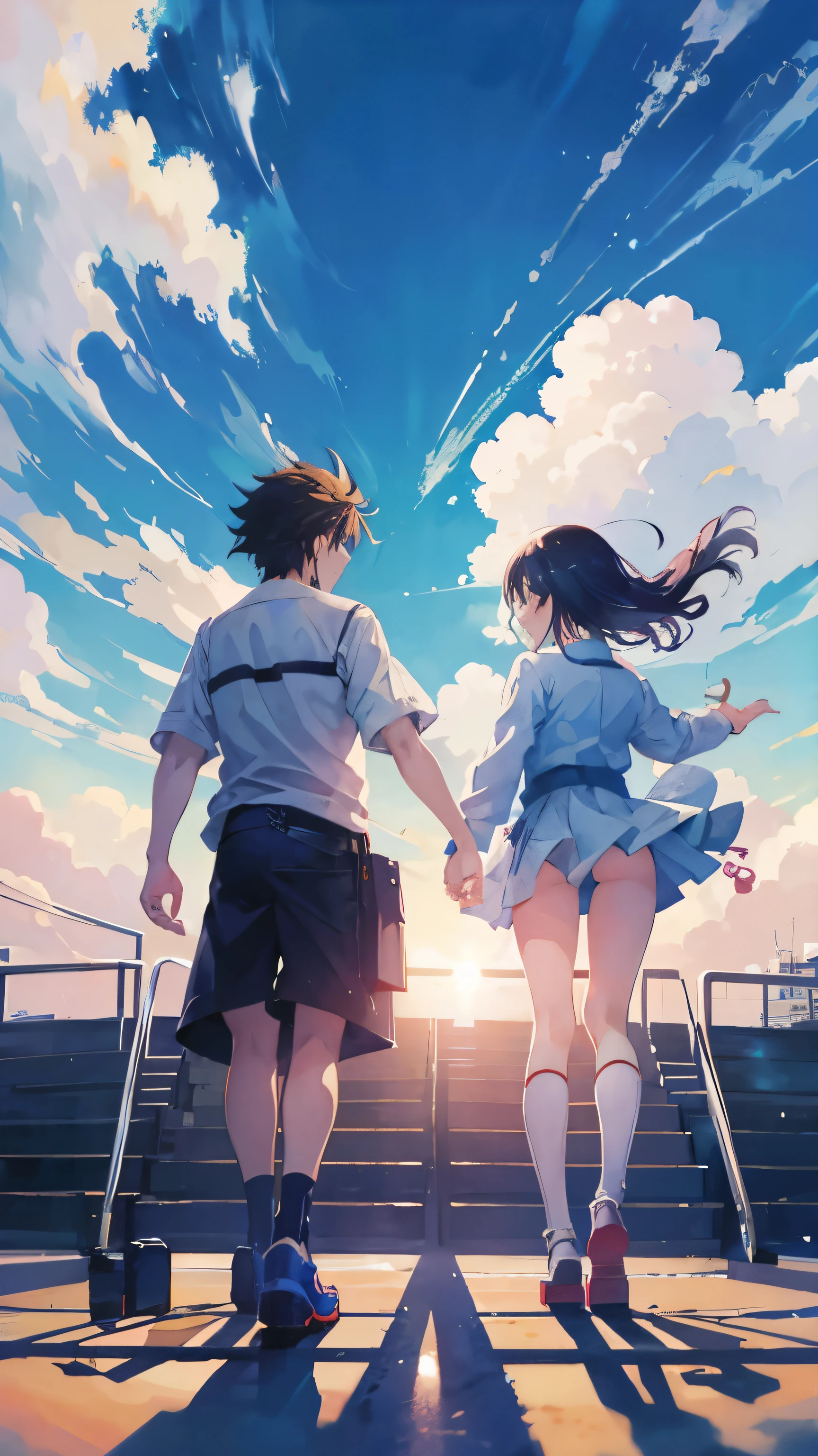 
anime scene of two people on a platform with a sky background, concept art inspired by Takeshi Obata, pixiv, neo-dada, hirohiko araki art, hirohiko araki artwork, haibane renmei, tekkon kinkreet, hirohiko araki style, studio gainax illustration, studio gainax art, gainax