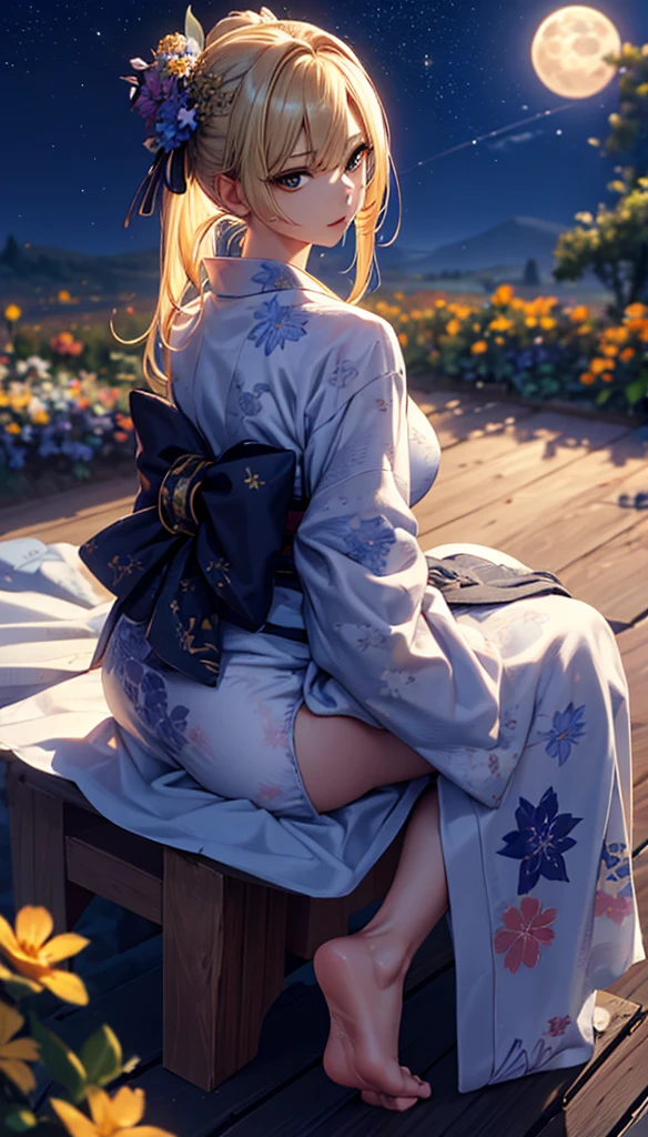 masterpiece, high quality, 4K, Beautiful design, silhouette，blonde， 非常に詳細な夜のStarry Sky,Flower Field， wonderful, Finer details,  Very knowledgeable woman, Highly detailed solo, 1 female,Big Breasts，Butt Emphasis，Underwear Line，Yukata in white color，Night view，Starry Sky，full moon，How to sit，