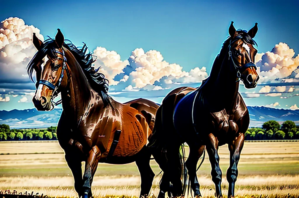  full figured very dark skinned African woman riding a big  Belgian draft horse  mare (side view). big bum. very short tail. horse facing horizon .   flat grass meadow. steaming horse dung behind horse.   cloudless blue sky. 