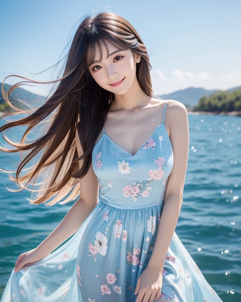 (Highest quality, 32k, High resolution, Masterpiece:1.5, ), marimo_jet, god々A photograph with brilliant dazzling and healing power., Evoking a sense of calm and elusive beauty, Expressing emotions, Have a rich imagination,Beautiful Japanese Girls, An exceptionally beautiful face, Small Face Beauty, Perfect Human Anatomy, Magical big eyes, Motherhood and generosity, Deep Love, fleeting smile, ((Iridescent gradient hair:1.1)), ((Super Long Straight Silk Hair:1.1)), Asymmetrical bangs, Hair between the eyes, Transparent, soft white skin, Sharp eyebrows, Thin lashes, Natural Makeup, Cheek highlighter, Pale pink detailed lips, ((Light blue floral dress:1.3)), High resolutionの完璧な鎖骨, High resolutionの美しい胸元, Slim figure with ample breasts, High resolutionの美しい太もも, ((Detailed blue sky background:1.2)), Professional Lighting, Professional photographer, Professional models, god秘的