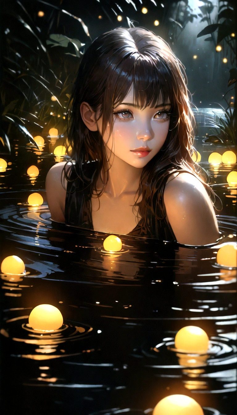 a young girl sitting in a pond at night, surrounded by glowing fireflies, beautiful detailed eyes, beautiful detailed lips, extremely detailed eyes and face, long eyelashes, serene expression, intricate details, glowing fireflies, moonlight, still water, ethereal, dreamlike, (best quality,4k,8k,highres,masterpiece:1.2),ultra-detailed,(realistic,photorealistic,photo-realistic:1.37),cinematic lighting,moody atmosphere,fantasy,digital painting