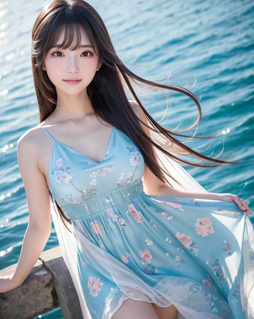 (Highest quality, 32k, High resolution, Masterpiece:1.5, ), marimo_jet, god々A photograph with brilliant dazzling and healing power., Evoking a sense of calm and elusive beauty, Expressing emotions, Have a rich imagination,Beautiful Japanese Girls, An exceptionally beautiful face, Small Face Beauty, Perfect Human Anatomy, Magical big eyes, Motherhood and generosity, Deep Love, fleeting smile, ((Iridescent gradient hair:1.1)), ((Super Long Straight Silk Hair:1.1)), Asymmetrical bangs, Hair between the eyes, Transparent, soft white skin, Sharp eyebrows, Thin lashes, Natural Makeup, Cheek highlighter, Pale pink detailed lips, ((Light blue floral dress:1.3)), High resolutionの完璧な鎖骨, High resolutionの美しい胸元, Slim figure with ample breasts, High resolutionの美しい太もも, ((Detailed blue sky background:1.2)), Professional Lighting, Professional photographer, Professional models, god秘的