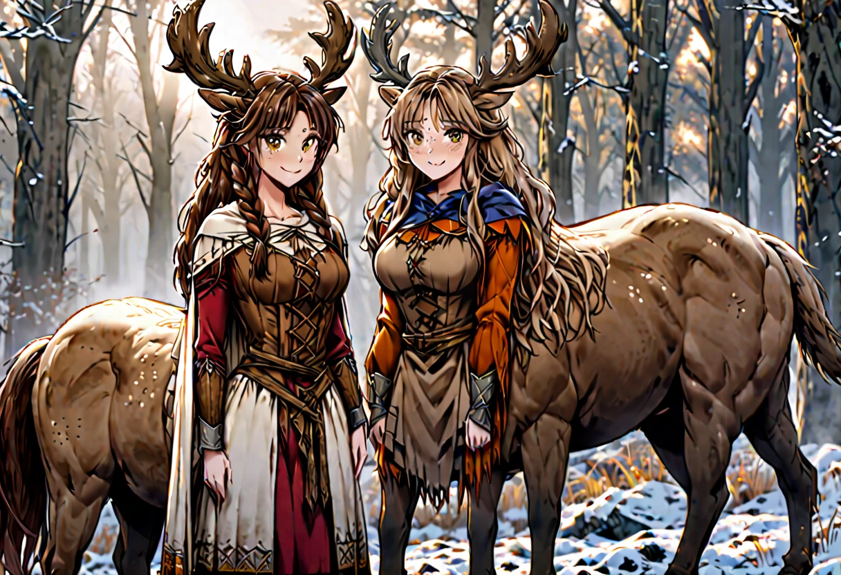 female, sfw, panoramic shot, brown hair, long hair, wild hair, deer antlers, huge woman, brown eyes, cape, winter, forest, freckles, shy smile, shy pose, ((deertaur)), deer centaur, villager clothes, medieval, deer body, deer lower body, lugagge, braids, happy family